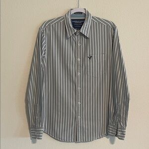 American Eagle Men 100% Gray and White Button Front Medium Striped Shirt Vintage